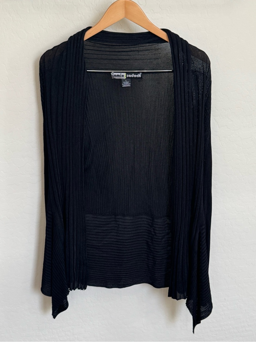 Jamie Sadock Black Pleated Lightweight Ribbed Sheer Open Front Cardigan Size L